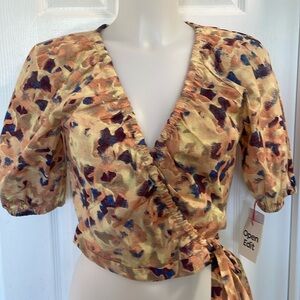 OPEN EDIT YELLOW MELLOW GINKO FLORAL MUTED WRAP CROP TOP BLOUSE SIDE TIE SZ XS